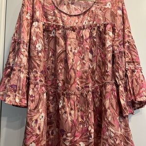 Cocomo Pink and Brown Floral Blouse with Ruffle Sleeves